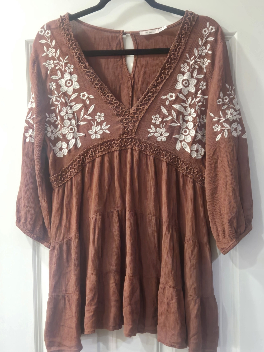 Embroidered V-Neck Brown BOHO Peasant Top